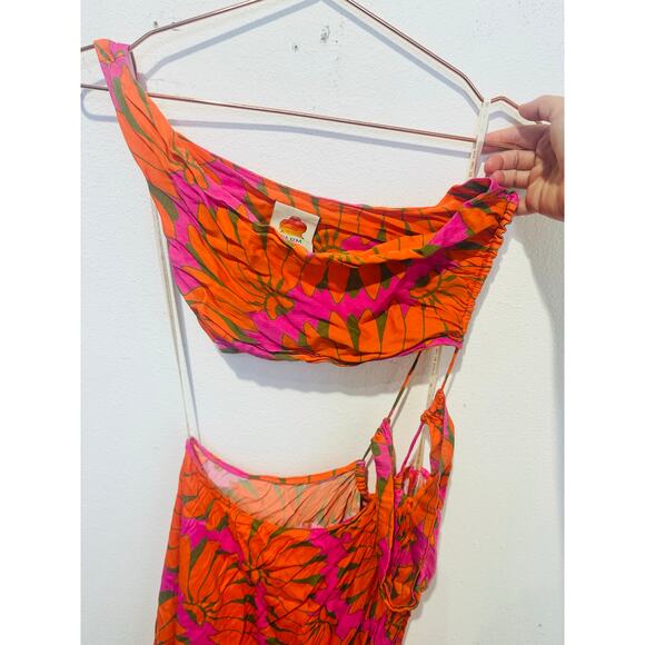 FARM RIO Orange Pink One Shoulder Ruched Waist Tie Copacabana A-Line Dress S - Picture 8 of 16